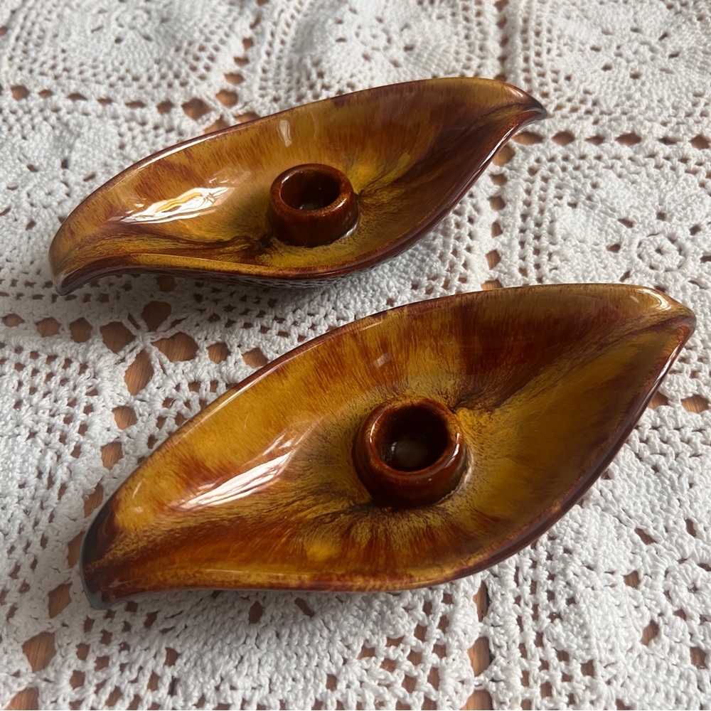 Vintage BMP Blue Mountain Pottery Leafโ Candle Holder Set Harvest Gold ๐